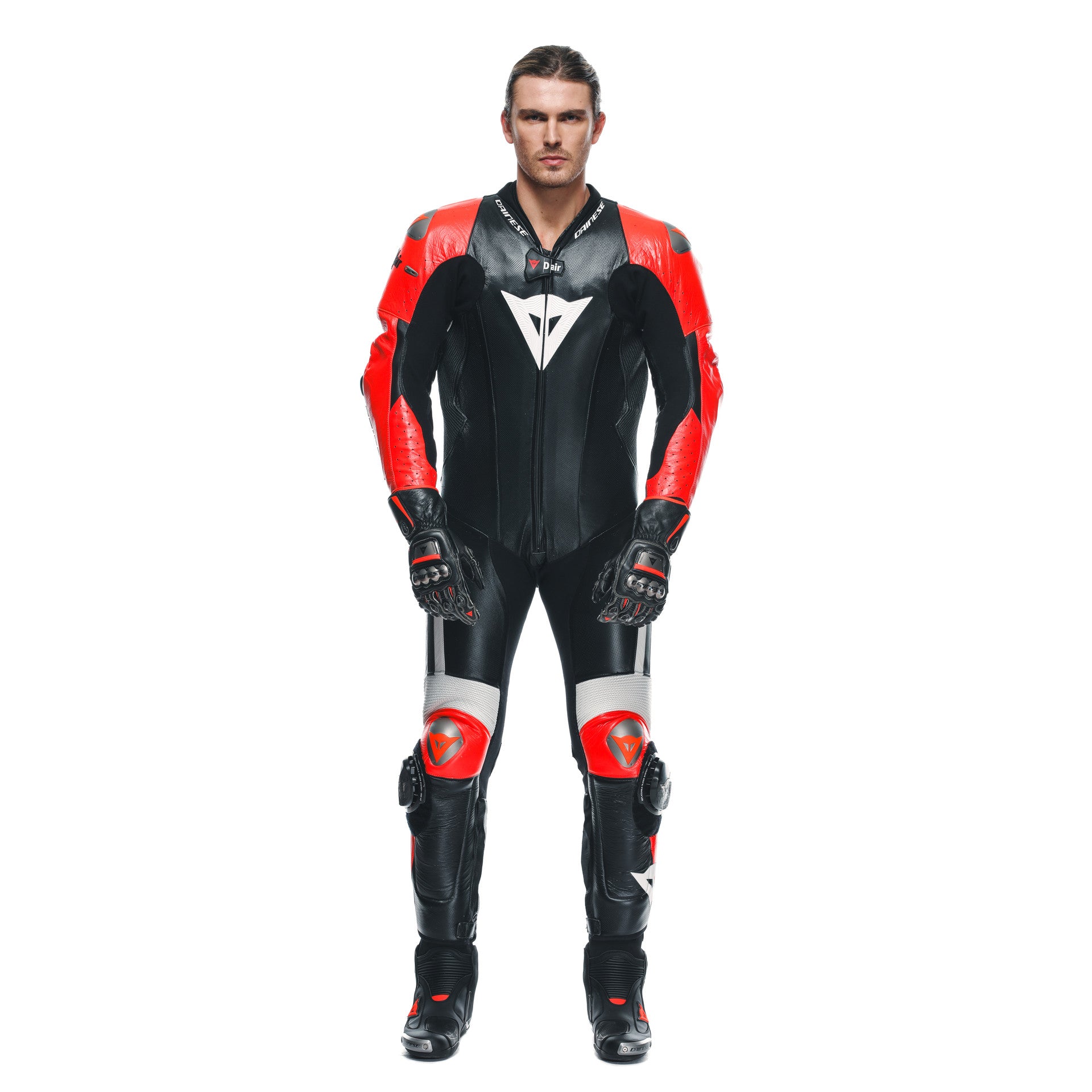 Dainese Mugello 3 D-AIR® Mono de cuero con airbag perforado – Traje de carrera | Hombre | Negro/Rojo 