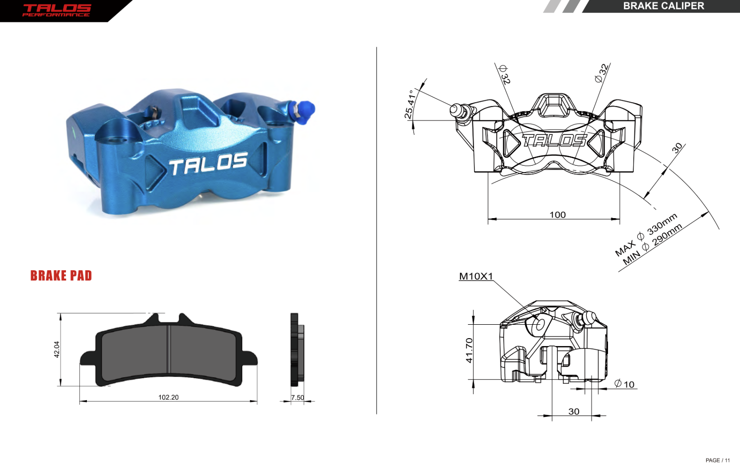 Talos Pinza de freno C52 Guss Monoblock P4 32/32 100mm delantera derecha | C52.100.BU.R 