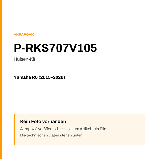 Akrapovic Hülsen-Kit Yamaha R6 (15-26) P-RKS707V105 — Platzhalter, kein Herstellerfoto verfügbar