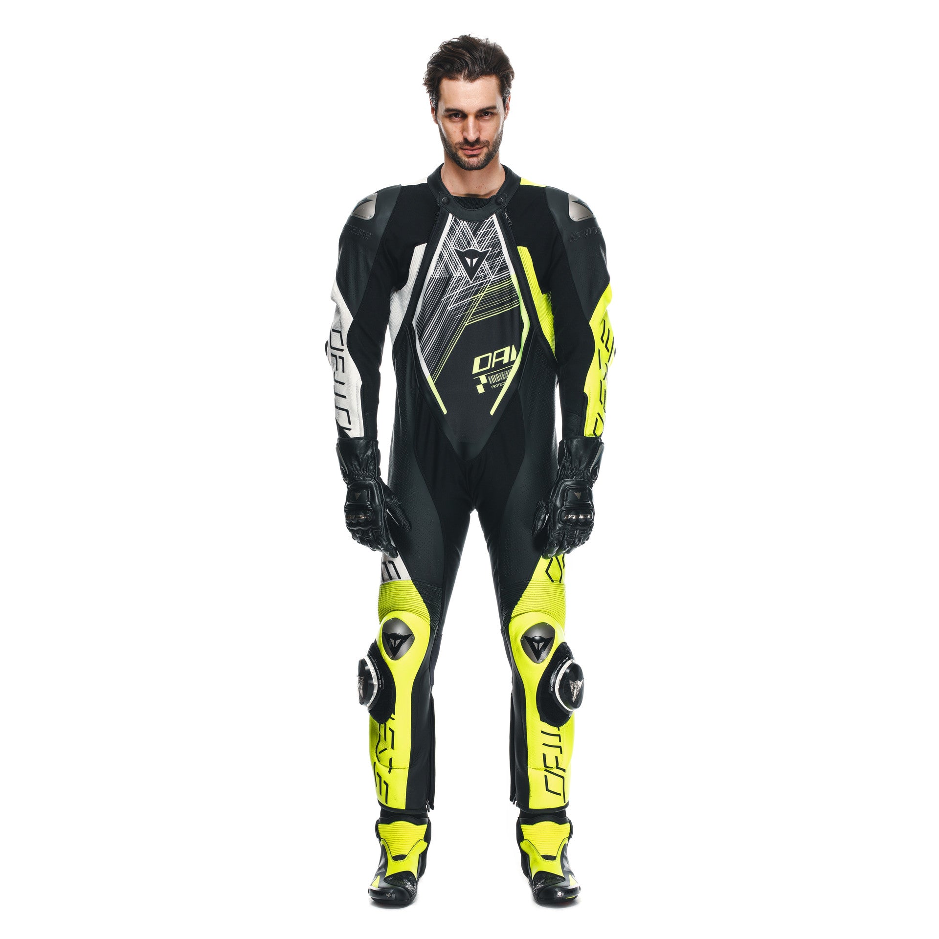 Dainese Audax D-ZIP Mono de cuero – Traje de carreras perforado | Hombre | Negro/Amarillo Neón 