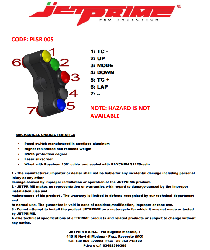 Interruptor de manillar Race izquierdo JetPrime Ducati Panigale 959 (16-19) JP PLSR 005 