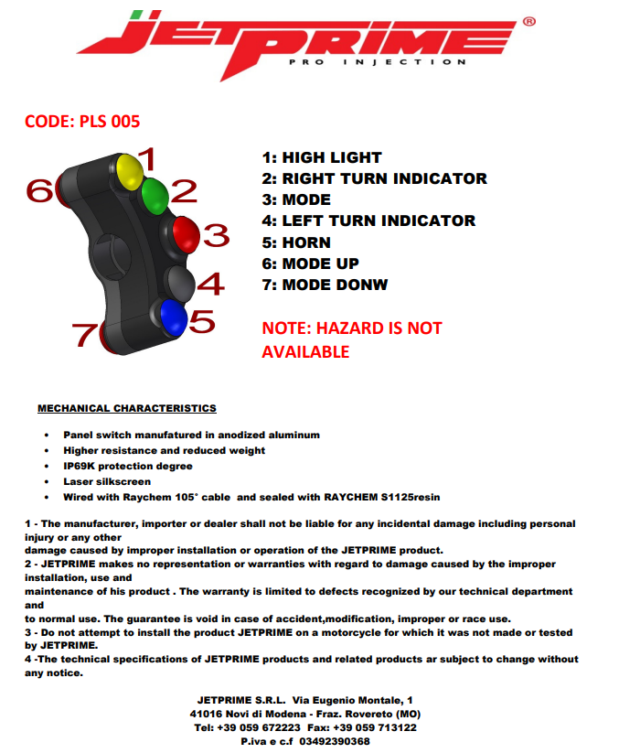 Interruptor de manillar Street izquierdo JetPrime Ducati Panigale 1299/S (15-18) JP PLS 005 