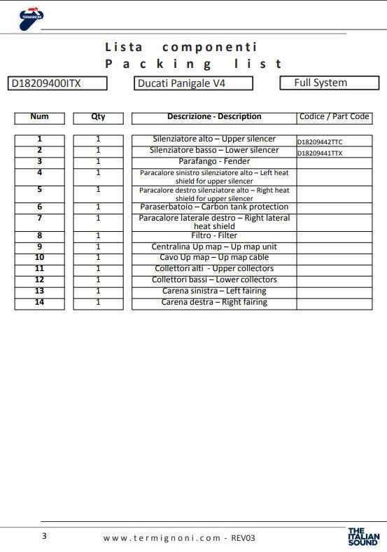 Sistema de escape completo de acero inoxidable Termignoni 4USCITE Ducati Panigale V4 R (19-24) D18209401ITX 