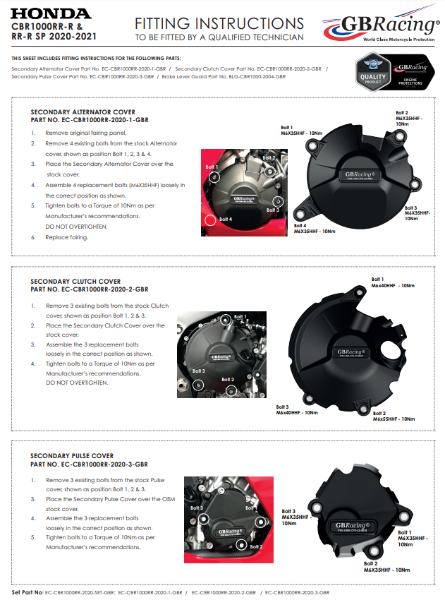 Cubierta de motor Protectores Kit completo GBRacing Honda CBR 1000 RR-R SC82 (20-25) 