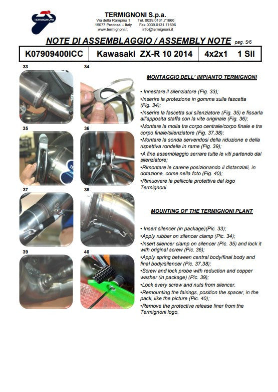 Sistema de escape completo Termignoni de titanio para Kawasaki ZX-10 R/RR (16-20) K08010200TCC 