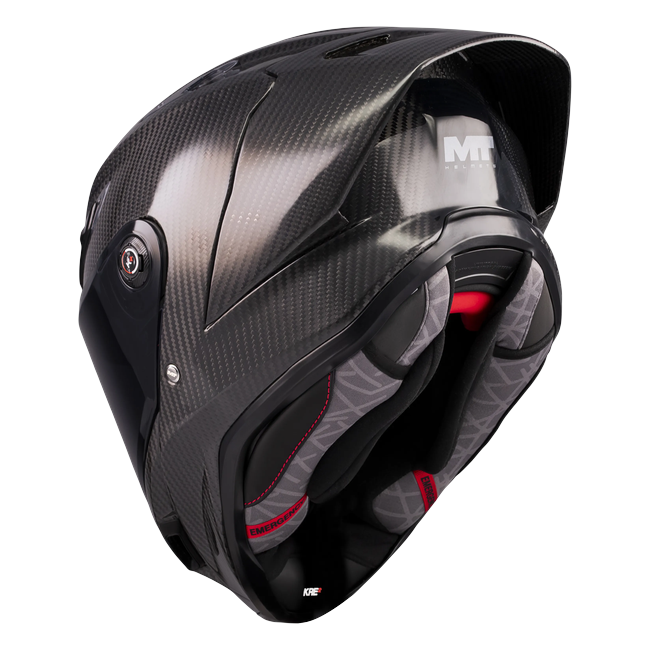 MT-Helmets KRE 2 PLUS FIM Racing #2 Pure A1 Integralhelm in Voll-Carbon — Dreiviertelansicht von hinten mit Innenausstattung