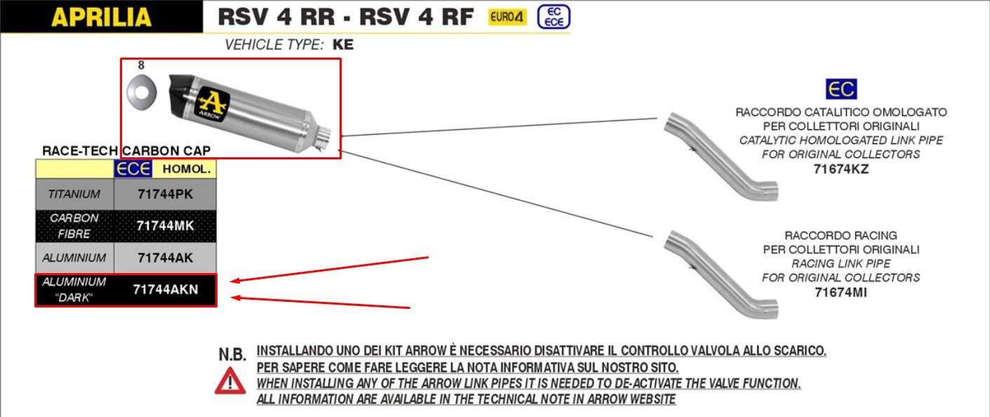 Escape Arrow Slip-On Race-Tech de aluminio oscuro para Aprilia RSV4/RR/RF (17-18) 71744AKN 