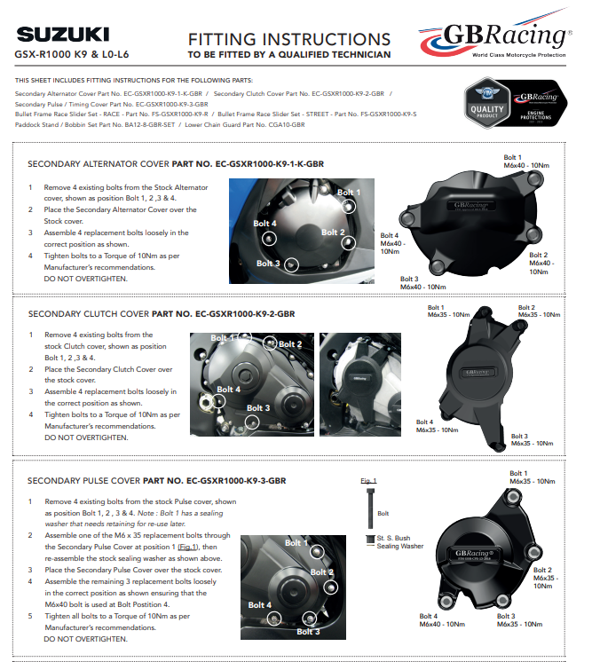 Cubierta de motor Protectores Kit completo GBRacing Suzuki GSX-R 1000 (09-16) 
