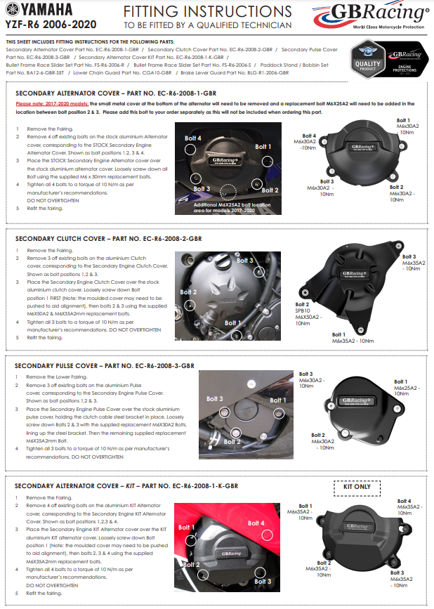 Juego completo de tapa de motor Protectores GBRacing Yamaha YZF-R6 (06-25) 